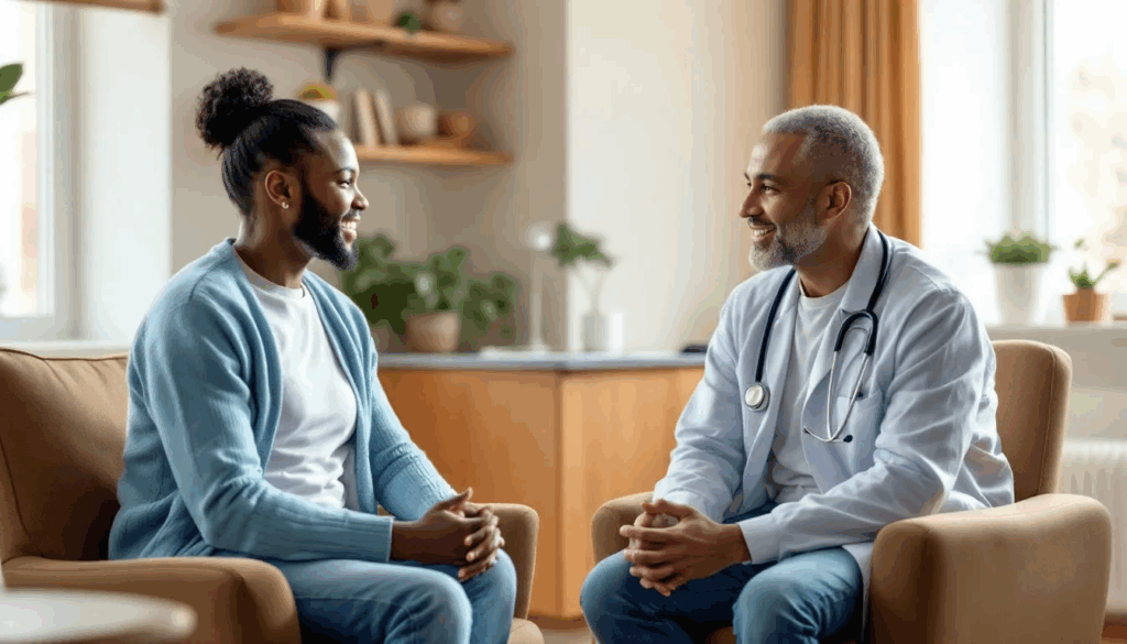 A person in recovery is engaged in a conversation with a healthcare professional in a medical office, discussing strategies to manage withdrawal symptoms and cope with intense drug cravings associated with substance use disorders. The supportive environment emphasizes the importance of addressing addiction and developing effective relapse prevention plans.