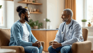 A person in recovery is engaged in a conversation with a healthcare professional in a medical office, discussing strategies to manage withdrawal symptoms and cope with intense drug cravings associated with substance use disorders. The supportive environment emphasizes the importance of addressing addiction and developing effective relapse prevention plans.