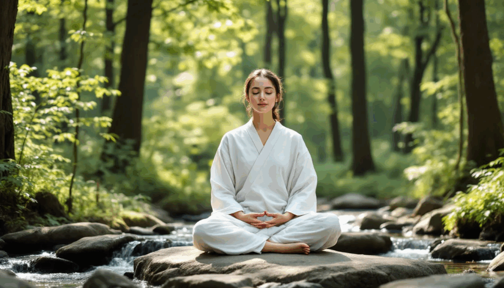 The image depicts a person meditating peacefully in a serene outdoor setting, surrounded by trees and the gentle sound of flowing water, embodying a holistic approach to mental health and well-being. This tranquil scene emphasizes the importance of nature in stress management and the overall healing process.