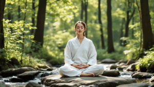 The image depicts a person meditating peacefully in a serene outdoor setting, surrounded by trees and the gentle sound of flowing water, embodying a holistic approach to mental health and well-being. This tranquil scene emphasizes the importance of nature in stress management and the overall healing process.