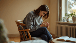 The image illustrates the concept of nervous system healing, featuring a serene environment with calming elements like soft lighting, plants, and a person practicing deep breathing techniques. This visual representation emphasizes the importance of nervous system regulation and relaxation response for overall well-being and emotional resilience.
