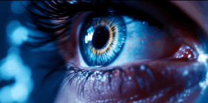 The image depicts a close-up of a person’s eyes exhibiting nystagmus, characterized by rapid, uncontrolled eye movements, which can be associated with phencyclidine (PCP) intoxication. This condition is often linked to the use of illicit drugs like PCP, commonly known as "angel dust," and can lead to various adverse effects on mental health and physical well-being.