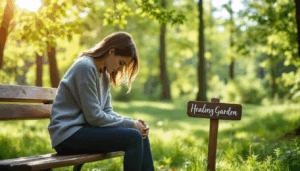 The image depicts a serene landscape symbolizing the healing journey from trauma, with soft light filtering through trees, representing hope and recovery. It evokes a profound sense of emotional regulation and support, highlighting the importance of trauma-informed care for trauma survivors navigating their healing process.