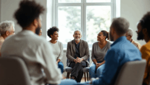A diverse group of people sits in a circle during a support group meeting, sharing their experiences and providing mutual support for families affected by substance use disorders. The supportive environment encourages family members to cope with the challenges of a loved one's addiction and explore treatment options together.