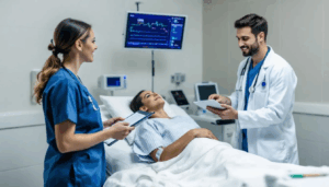 The image depicts a team of medical professionals, including registered nurses and counselors, in a detox center clinical setting, providing compassionate care to patients undergoing substance abuse treatment. They are engaged in clinical assessments and discussions, focusing on the individual's health factors and withdrawal symptoms as part of a comprehensive detoxification process.