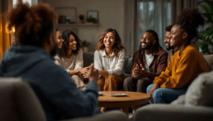 A diverse group of family and friends sits in a circle within a cozy living room, engaging in a supportive conversation that emphasizes the importance of mental health and the intervention process. This setting reflects a carefully planned process where family members and friends gather to discuss concerns about a loved one's substance use disorder, aiming for positive outcomes and recovery.