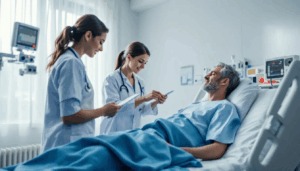 The image depicts medical professionals attentively providing supportive care to a patient in a clean and comfortable medical facility, emphasizing a supportive environment for those undergoing substance abuse treatment and managing withdrawal symptoms. This scene highlights the compassionate approach taken by addiction specialists in a detoxing center, aiming to promote mental wellness and emotional healing.