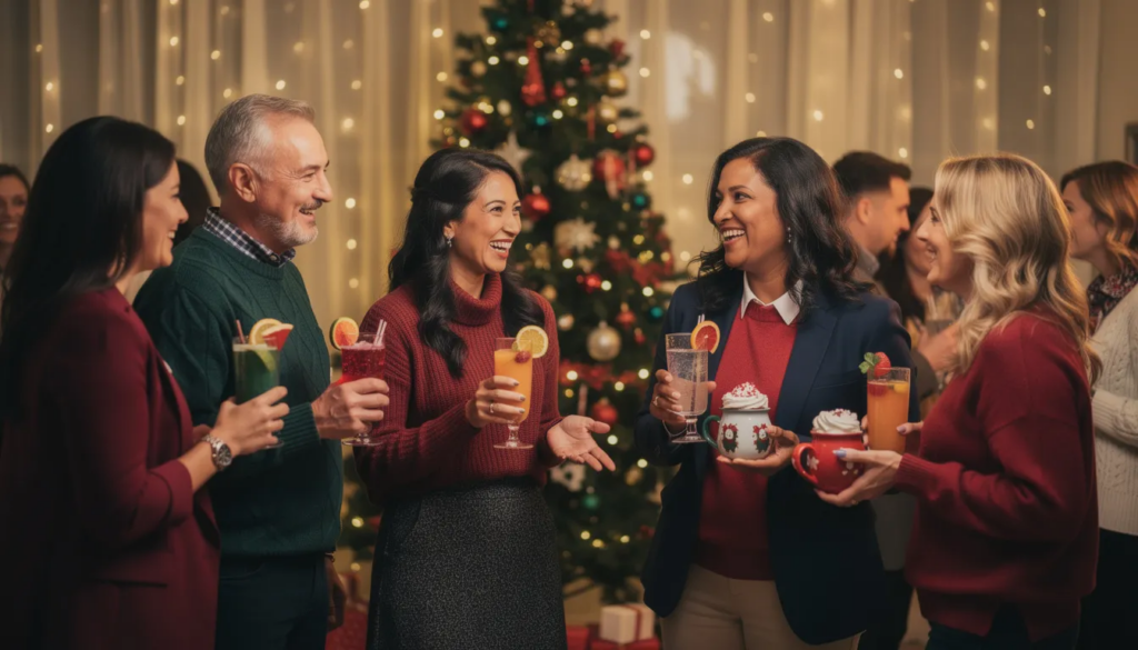 A group of people at a holiday party are joyfully socializing while holding non-alcoholic beverages, creating a supportive atmosphere that promotes sobriety and mental health. Their friendly interaction exemplifies how loved ones can enjoy festivities together without the presence of alcohol, emphasizing the importance of staying sober and seeking support in recovery.