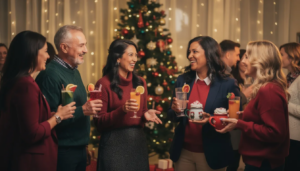 A group of people at a holiday party are joyfully socializing while holding non-alcoholic beverages, creating a supportive atmosphere that promotes sobriety and mental health. Their friendly interaction exemplifies how loved ones can enjoy festivities together without the presence of alcohol, emphasizing the importance of staying sober and seeking support in recovery.