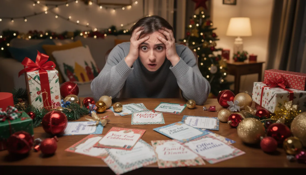 The image depicts a person looking overwhelmed amidst an array of holiday decorations and party invitations, illustrating the stress that can arise during festive seasons. This scene highlights the importance of effective stress management techniques and self-care strategies to cope with feelings of anxiety and maintain emotional well-being during challenging situations.