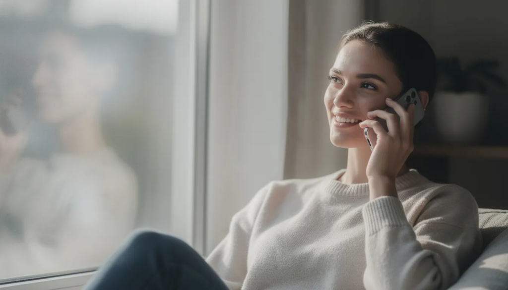 A person is making a hopeful phone call while sitting by a window bathed in soft natural light, symbolizing the first step towards mental health recovery. This scene reflects the importance of support and treatment options, such as a partial hospitalization program (PHP Programs), for individuals facing mental health conditions.