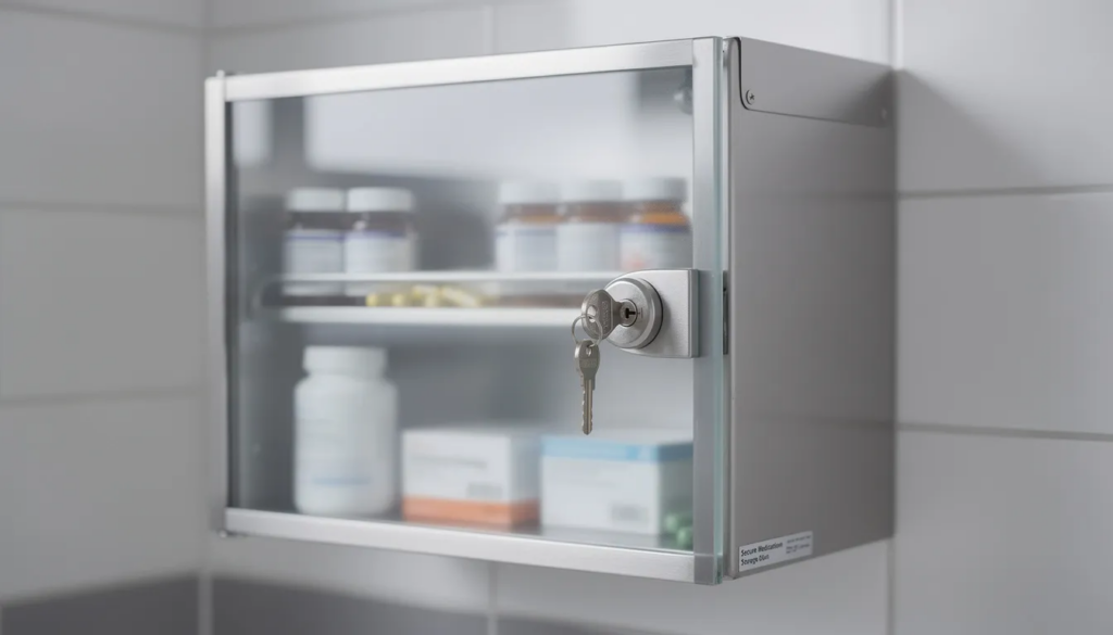 The image shows a securely locked medicine cabinet designed for storing medications safely, emphasizing the importance of preventing opioid misuse and protecting against drug abuse. This cabinet could help manage prescribed opioids, such as oxycodone, and reduce the risk of opioid addiction.