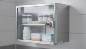 The image shows a securely locked medicine cabinet designed for storing medications safely, emphasizing the importance of preventing opioid misuse and protecting against drug abuse. This cabinet could help manage prescribed opioids, such as oxycodone, and reduce the risk of opioid addiction.
