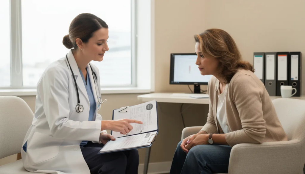 A healthcare provider is seated at a desk, discussing medical documents with a patient in an office setting. They are likely reviewing a comprehensive treatment plan for alcohol use disorder, emphasizing the importance of avoiding alcohol to prevent unpleasant symptoms associated with taking disulfiram, such as increased sweating and nausea.