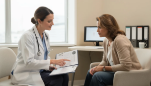 A healthcare provider is seated at a desk, discussing medical documents with a patient in an office setting. They are likely reviewing a comprehensive treatment plan for alcohol use disorder, emphasizing the importance of avoiding alcohol to prevent unpleasant symptoms associated with taking disulfiram, such as increased sweating and nausea.