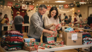 A couple is joyfully volunteering together at a holiday charity event, carefully wrapping gifts for families in need. This heartwarming scene showcases a meaningful way to spend quality time, creating memories while engaging in a sober activity that fosters deeper connections.