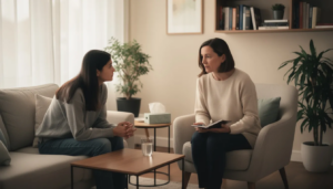 An individual is having a supportive conversation with a therapist in a warm, inviting office, focusing on their healing journey from past trauma and discussing coping strategies for managing trauma-related symptoms. The scene emphasizes the importance of trauma-informed care and the therapeutic process in addressing mental health conditions.