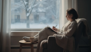A person is journaling by a window, surrounded by a serene winter landscape, reflecting on their recovery journey and the challenges of early sobriety. The peaceful scene highlights the importance of self-care and seeking support as they navigate the complexities of quitting drinking and remaining sober.