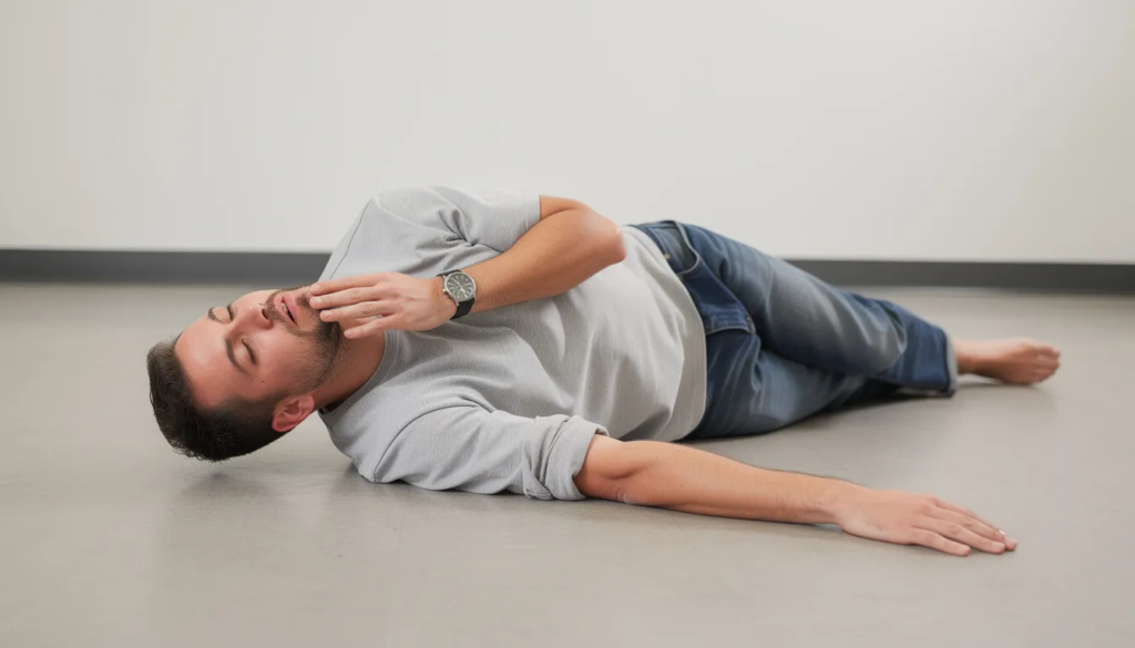 Man lying on the floor showing signs of fentanyl overdose, illustrating emergency use of Narcan (naloxone) for opioid overdose reversal