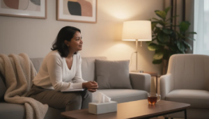 The image depicts a warm and caring interaction between a counselor and a client in a comfortable treatment center, highlighting the supportive atmosphere essential for mental health treatment and addiction recovery. This scene emphasizes the importance of individual and group counseling in long term rehab programs, fostering a sense of trust and understanding in the recovery journey.