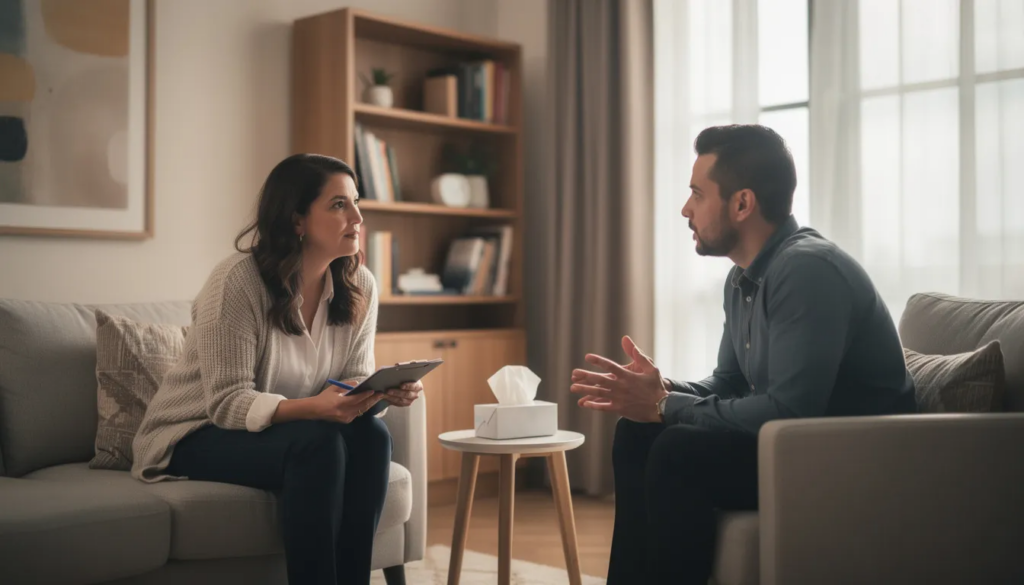 The image depicts two individuals engaged in a counseling session, discussing mental health issues, possibly related to if alcoholism is a psychological disorder and treatment plans for alcohol use disorder or other mental disorders. The setting suggests a supportive environment for addressing psychiatric symptoms and developing treatment plans for conditions like alcohol dependence or substance use disorders.