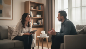 The image depicts two individuals engaged in a counseling session, discussing mental health issues, possibly related to if alcoholism is a psychological disorder and treatment plans for alcohol use disorder or other mental disorders. The setting suggests a supportive environment for addressing psychiatric symptoms and developing treatment plans for conditions like alcohol dependence or substance use disorders.