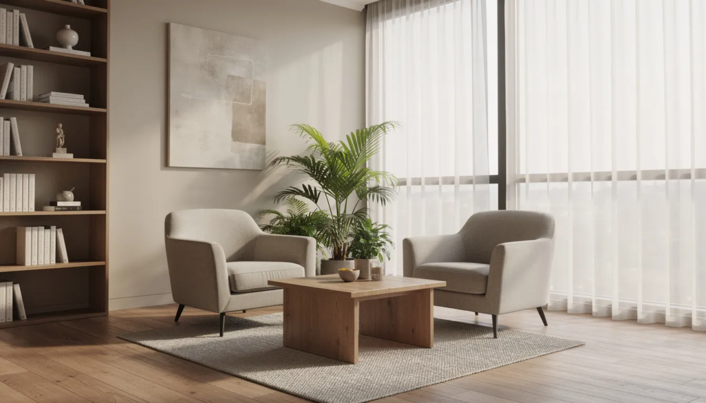 The image depicts a serene and modern therapy room designed for PHP in mental health treatment, featuring comfortable seating and ample natural light. This supportive environment is ideal for individual therapy sessions, group therapy, or intensive outpatient programs, creating a space conducive to healing and skill building for adult patients.