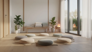 The image depicts a serene meditation space within a treatment center, featuring soft cushions arranged on a wooden floor, illuminated by warm natural light filtering through large windows. This tranquil environment is designed to promote emotional well-being and support individuals on their recovery journey from codependency and unhealthy relationships.