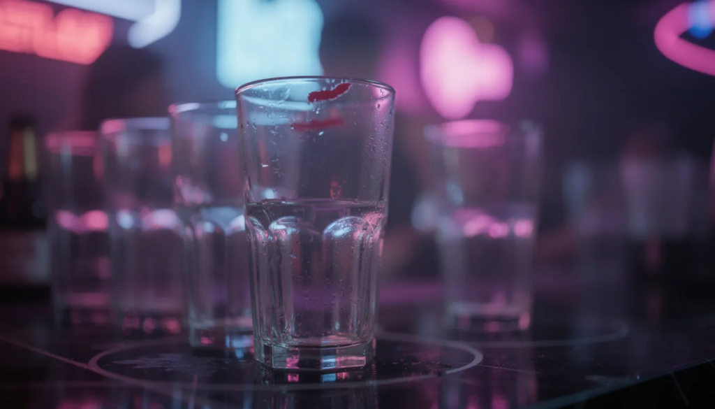 The image shows empty drink glasses on a nightclub bar, illuminated by vibrant and colorful ambient lighting. This setting often accompanies social events where young adults may engage in drinking alcohol and the use of various party drugs, creating a lively yet potentially risky atmosphere.