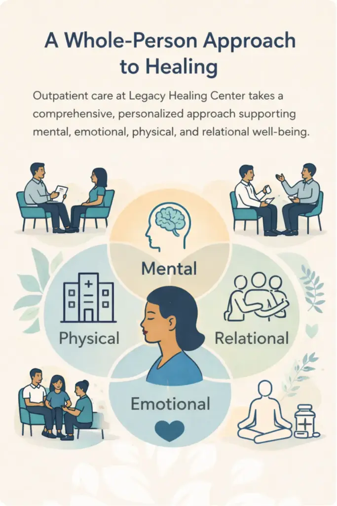 Whole-person approach to outpatient addiction treatment infographic showing mental, emotional, physical, and relational healing with therapy, family support, wellness, and medication management.