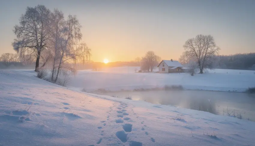 A serene winter morning scene captures a clear sunrise, symbolizing the mental clarity and fresh start achieved after completing a sober holiday month. The tranquil setting reflects the positive changes in mental health and overall well-being that come from taking a break from alcohol consumption.