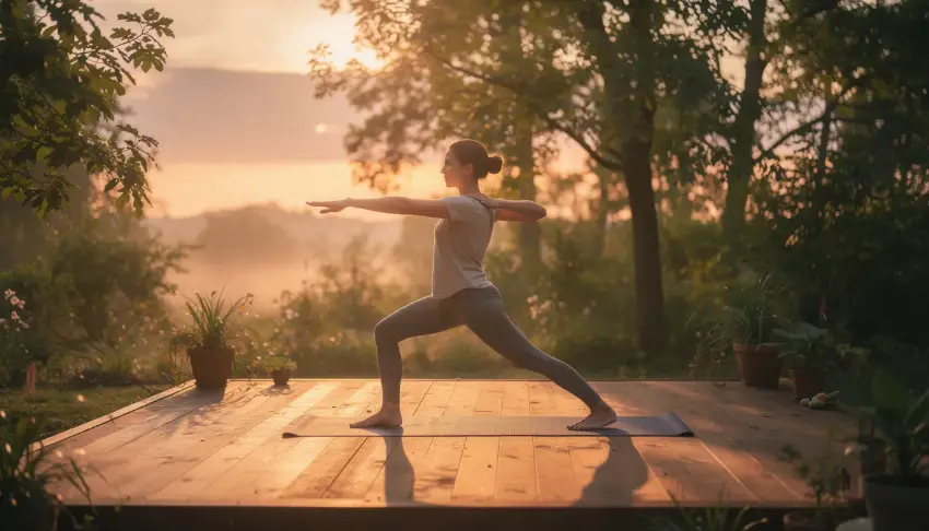A person is practicing a yoga pose on an outdoor deck, surrounded by lush greenery and bathed in the soft light of sunrise, embodying the essence of a peaceful wellness retreat focused on holistic well-being and mindfulness. The serene environment promotes relaxation and stress relief, ideal for anyone seeking a luxury addiction, mental health and wellness retreat.